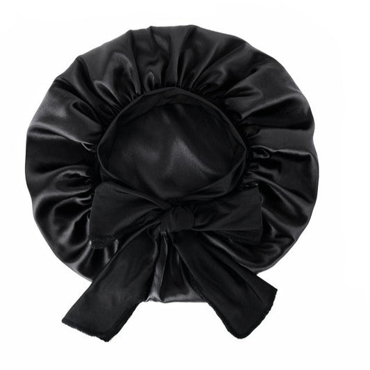 Double Layer Satin Bonnet with Tie Band | Black