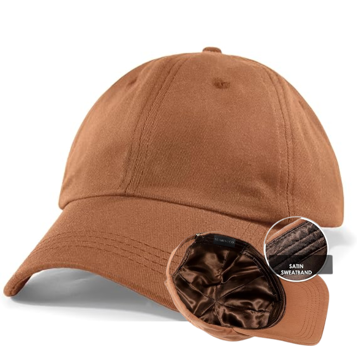 Brown satin-lined baseball cap with satin brim to protect natural hair, curly, braids and locs.