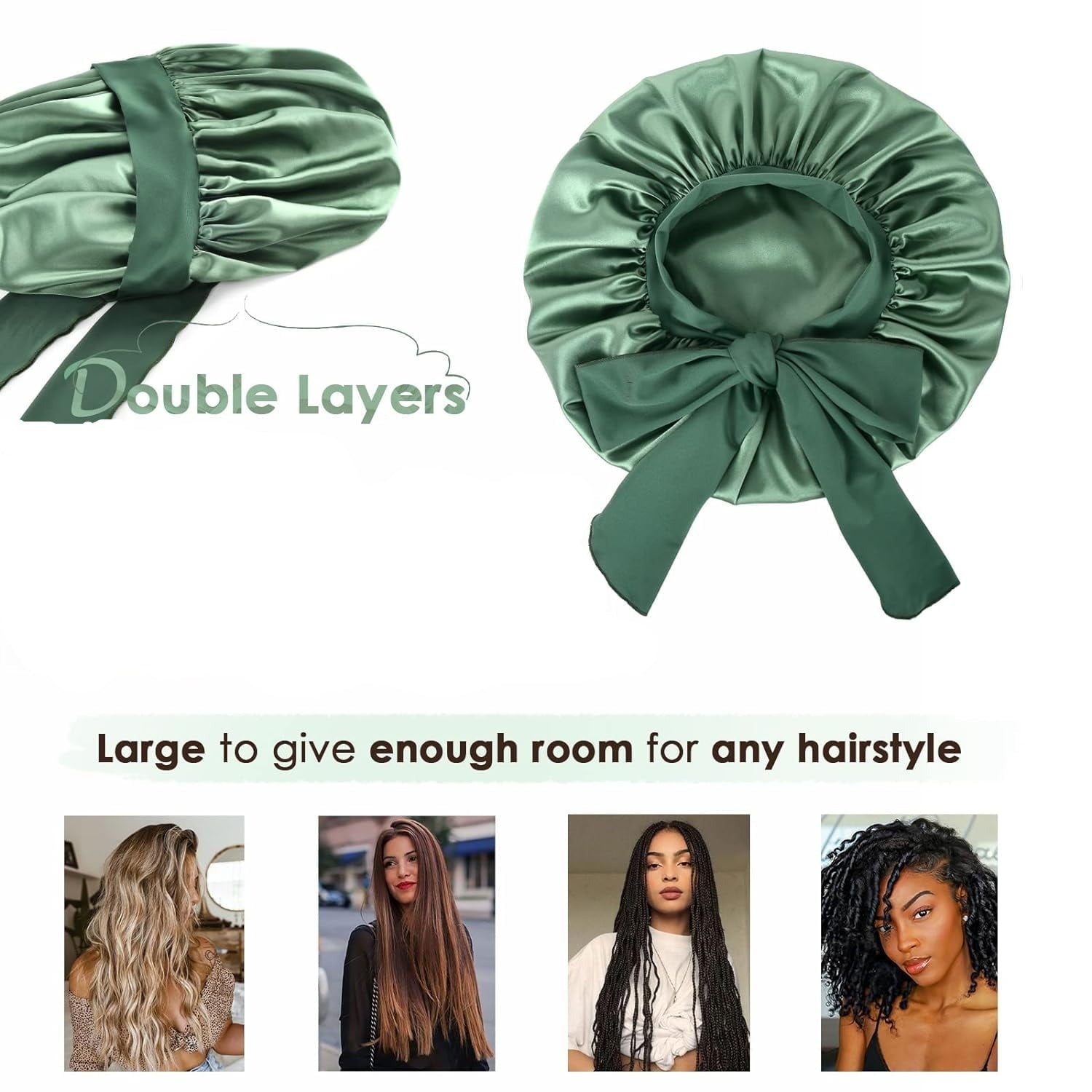 Double Layer Satin Bonnet with Tie Band | Green Sage - NuAira