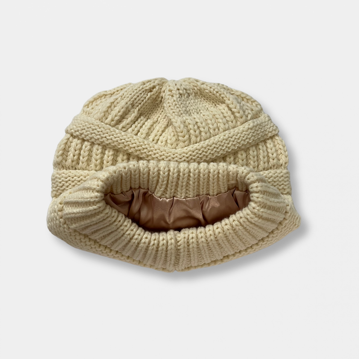 Beige Satin Lined Knit Slouch Beanie