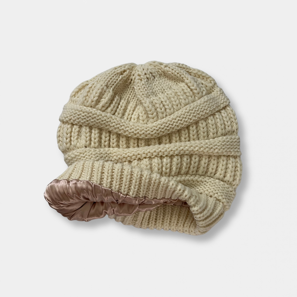 Beige Satin Lined Knit Slouch Beanie