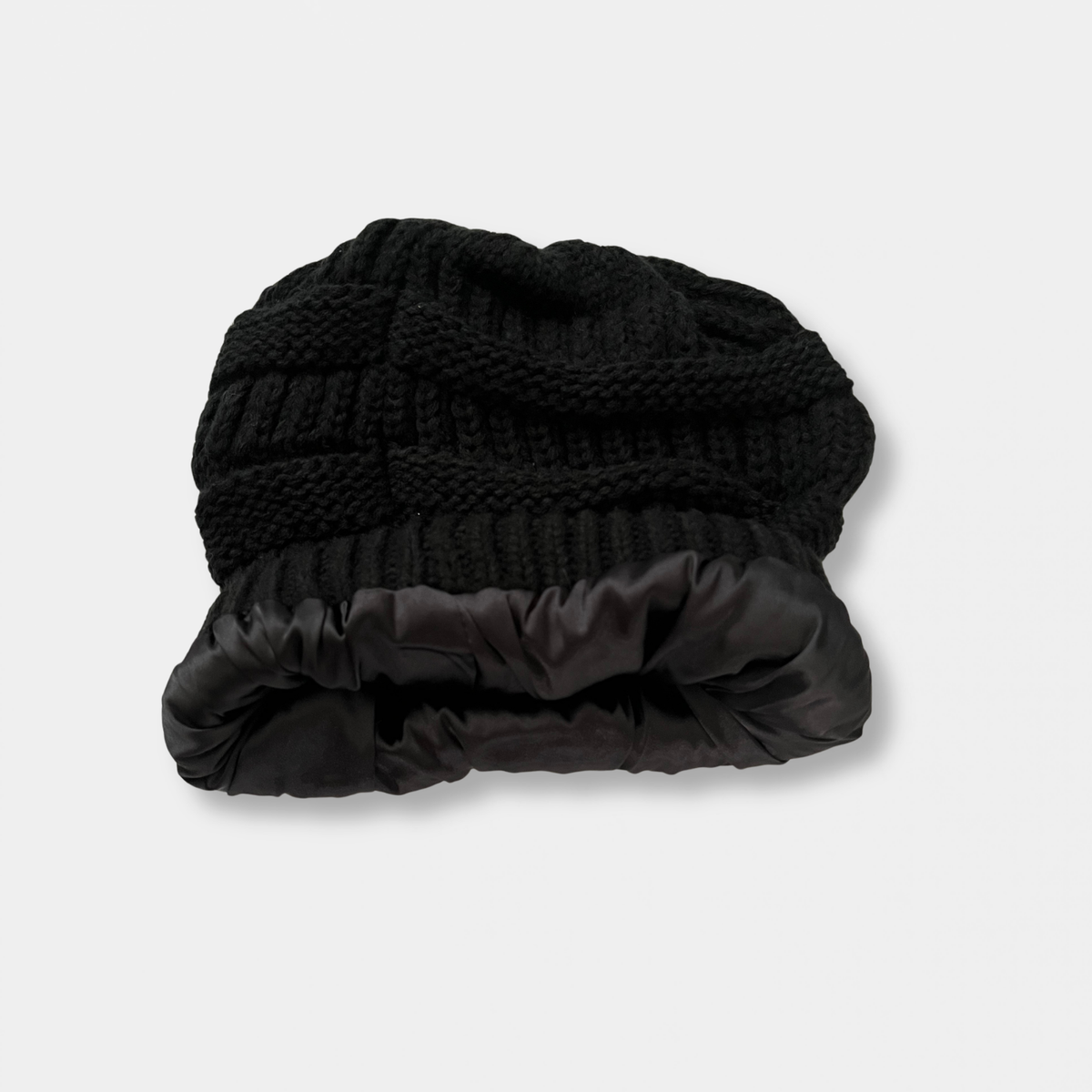 Black Satin Lined Knit Slouch Beanie