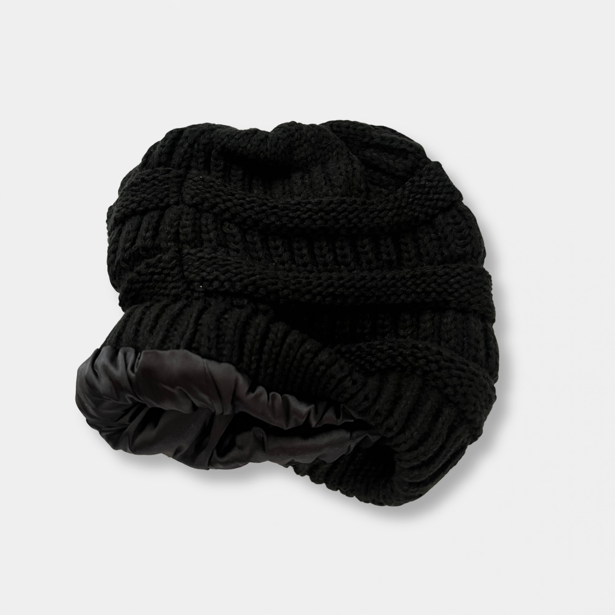 Black Satin Lined Knit Slouch Beanie