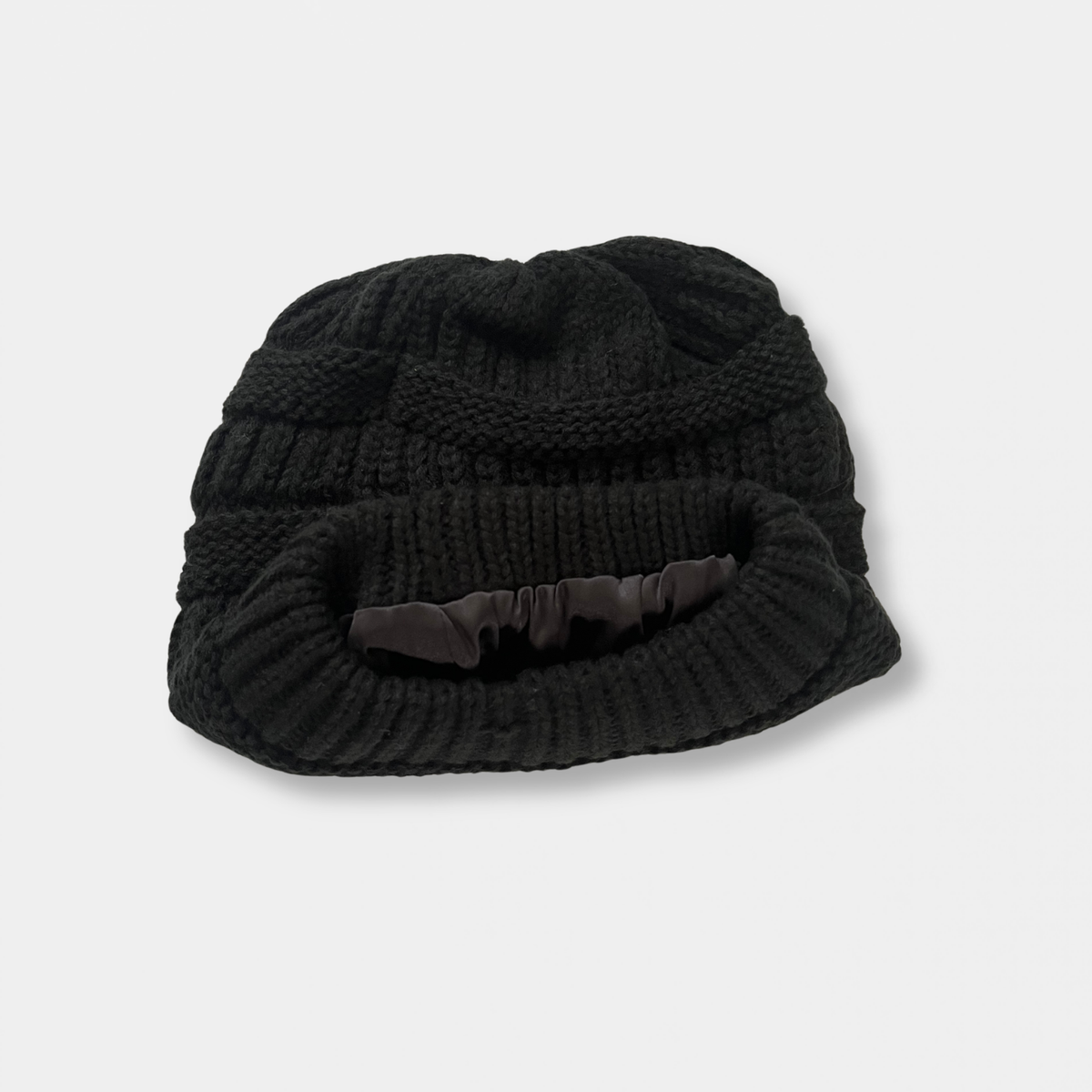 Black Satin Lined Knit Slouch Beanie