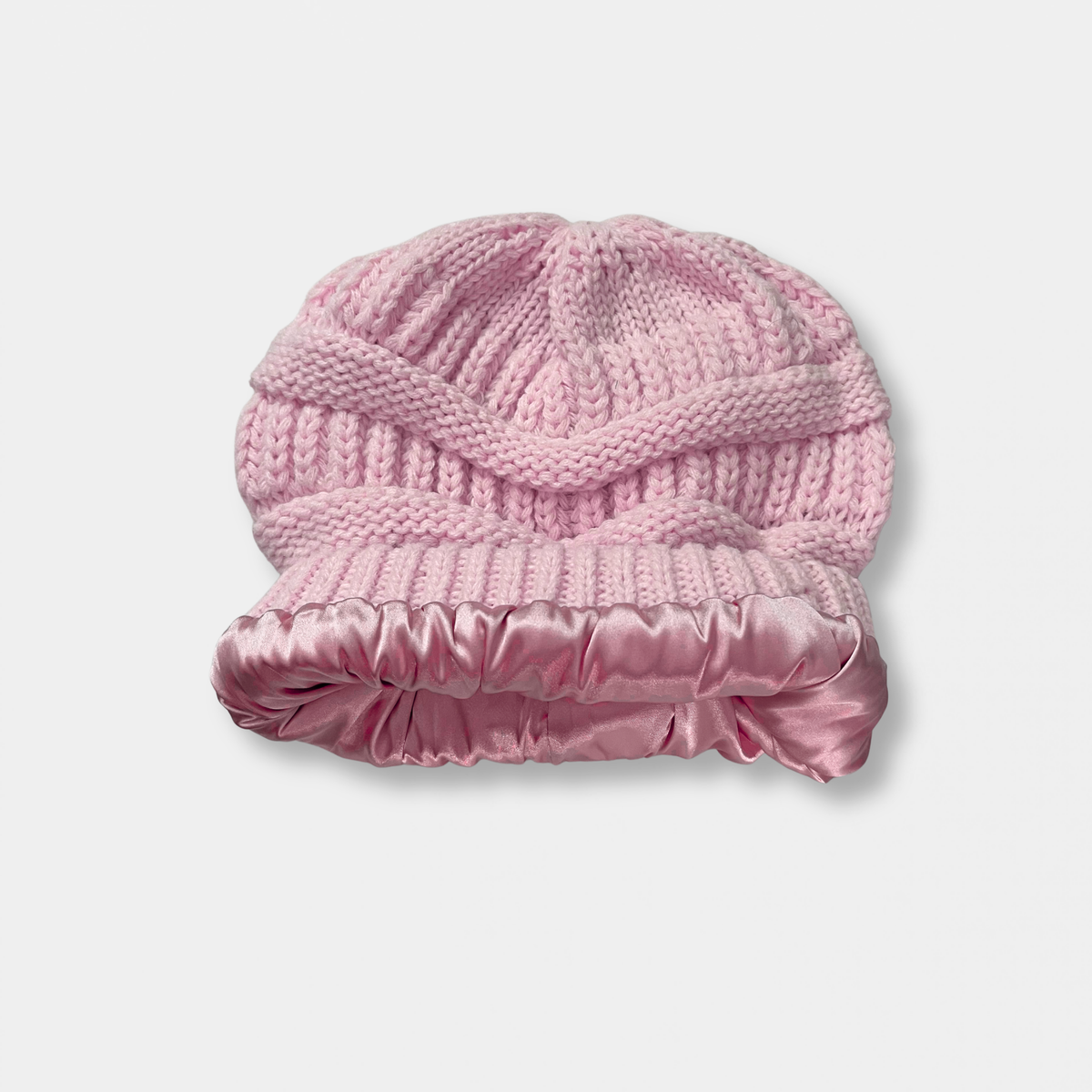 Pink Satin Lined Knit Slouch Beanie