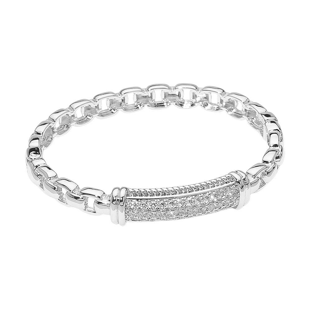 14K Gold Plated Cz Stone Paved Bar Link Hinged Bangle Bracelet
