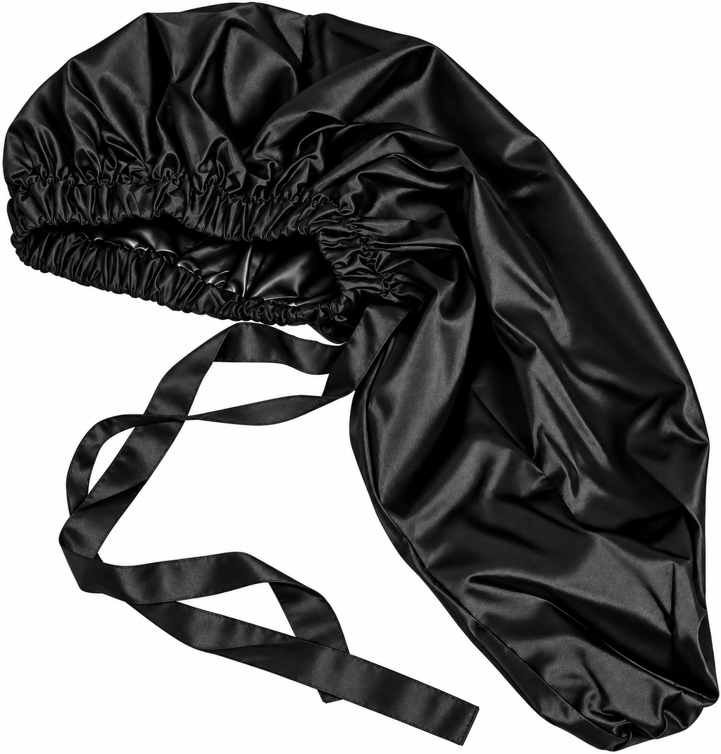 2-in-1 Satin Bonnet & Shower Cap. Long Braid and Loc Cap with Ties. Waterproof material to keep hair dry. Satin lined for extra protection.