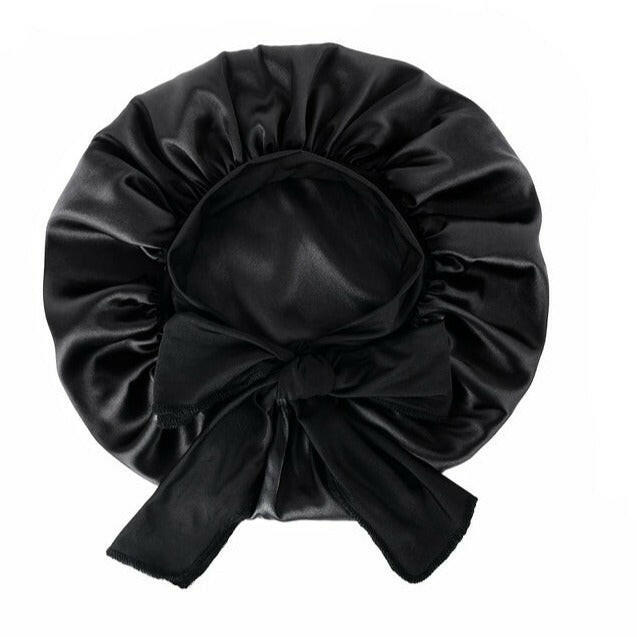 Double Layer Satin Bonnet with Tie Band | Black.