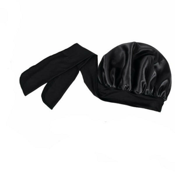 Double Layer Satin Bonnet with Tie Band | Black.