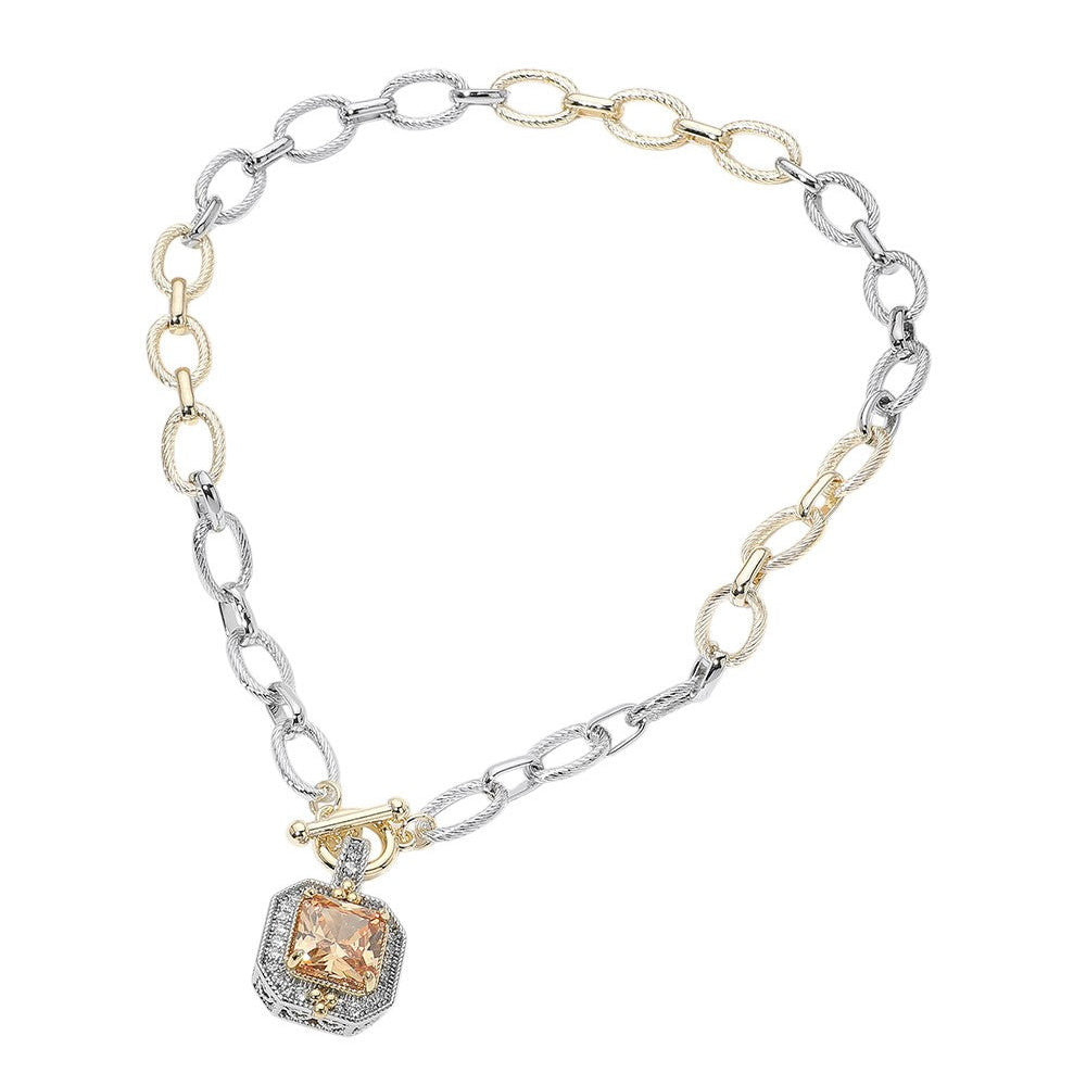 14k Gold Plated Two Tone Chunky Square Cz Toggle Necklace