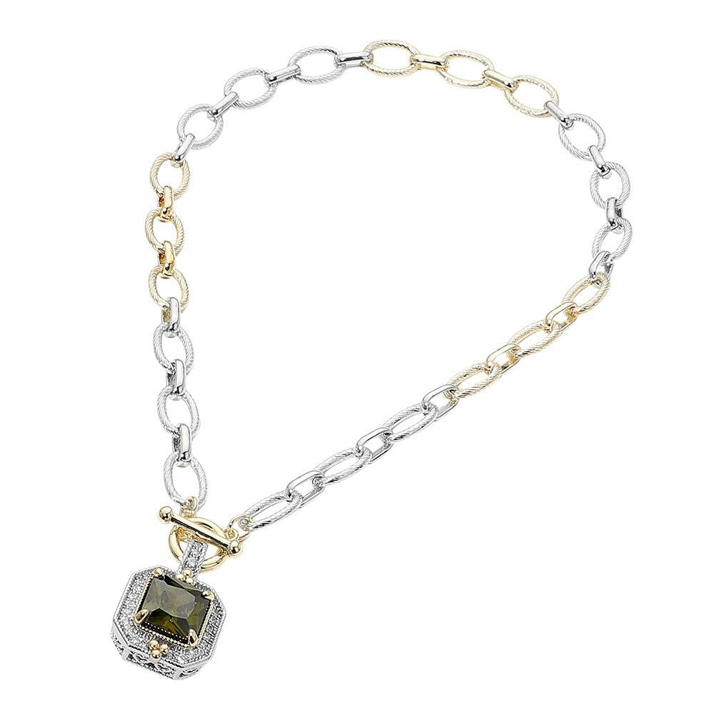 14k Gold Plated Two Tone Chunky Square Cz Toggle Necklace