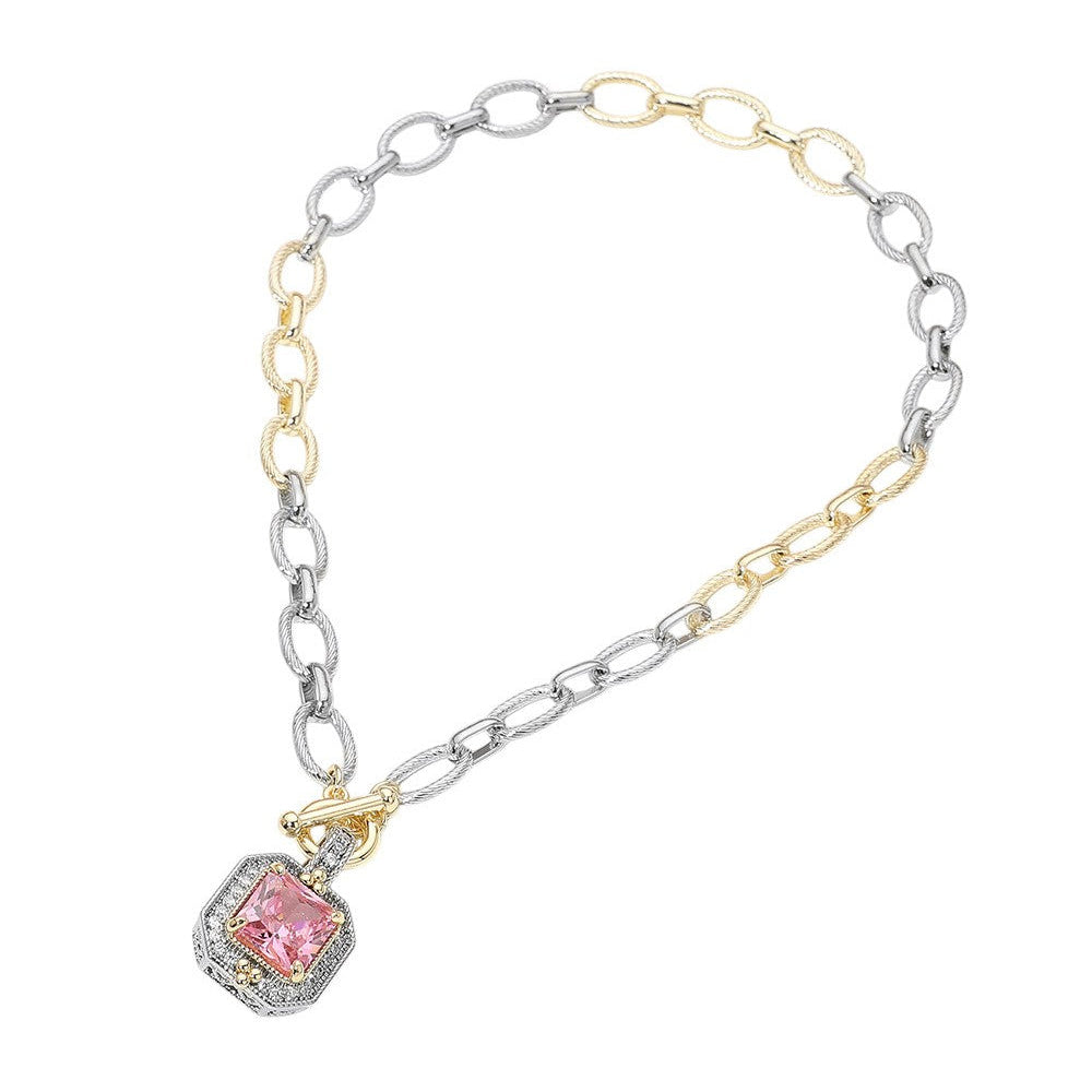 14k Gold Plated Two Tone Chunky Square Cz Toggle Necklace