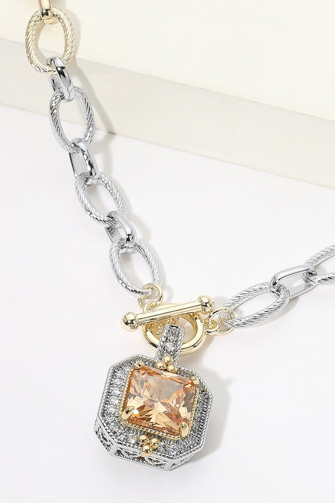 14k Gold Plated Two Tone Chunky Square Cz Toggle Necklace