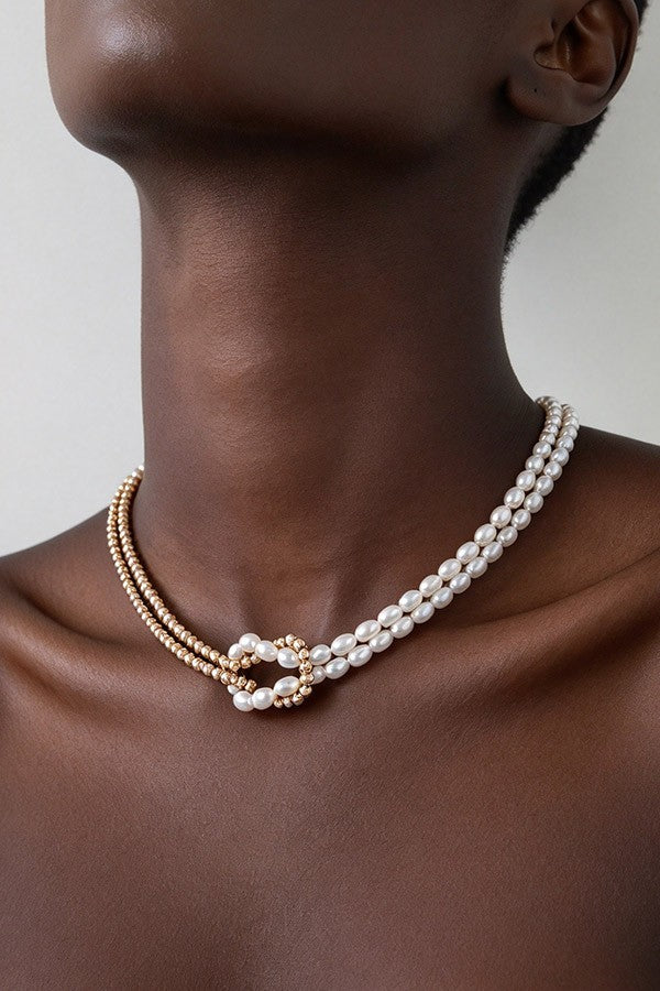 Two Tone Gold Bead & White Pearl Interlinked Choker