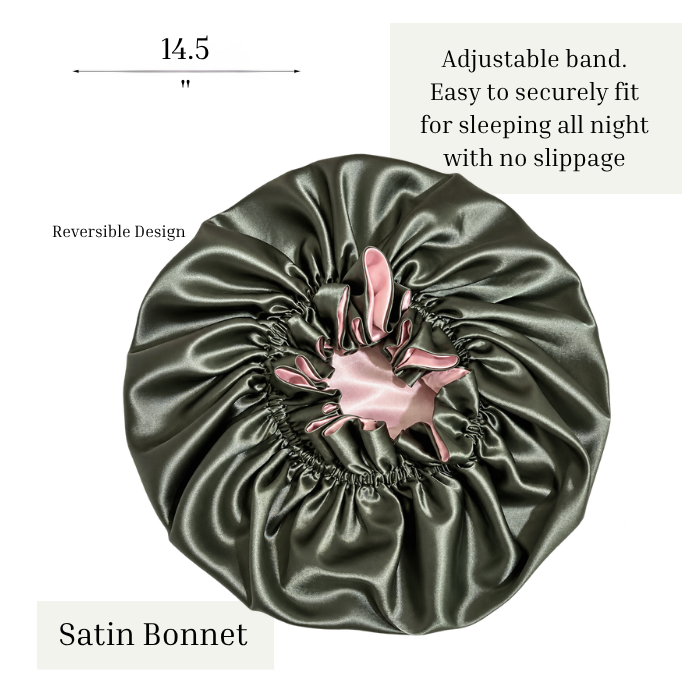Olive Green Ruffled Satin Bonnet with Pink Lining