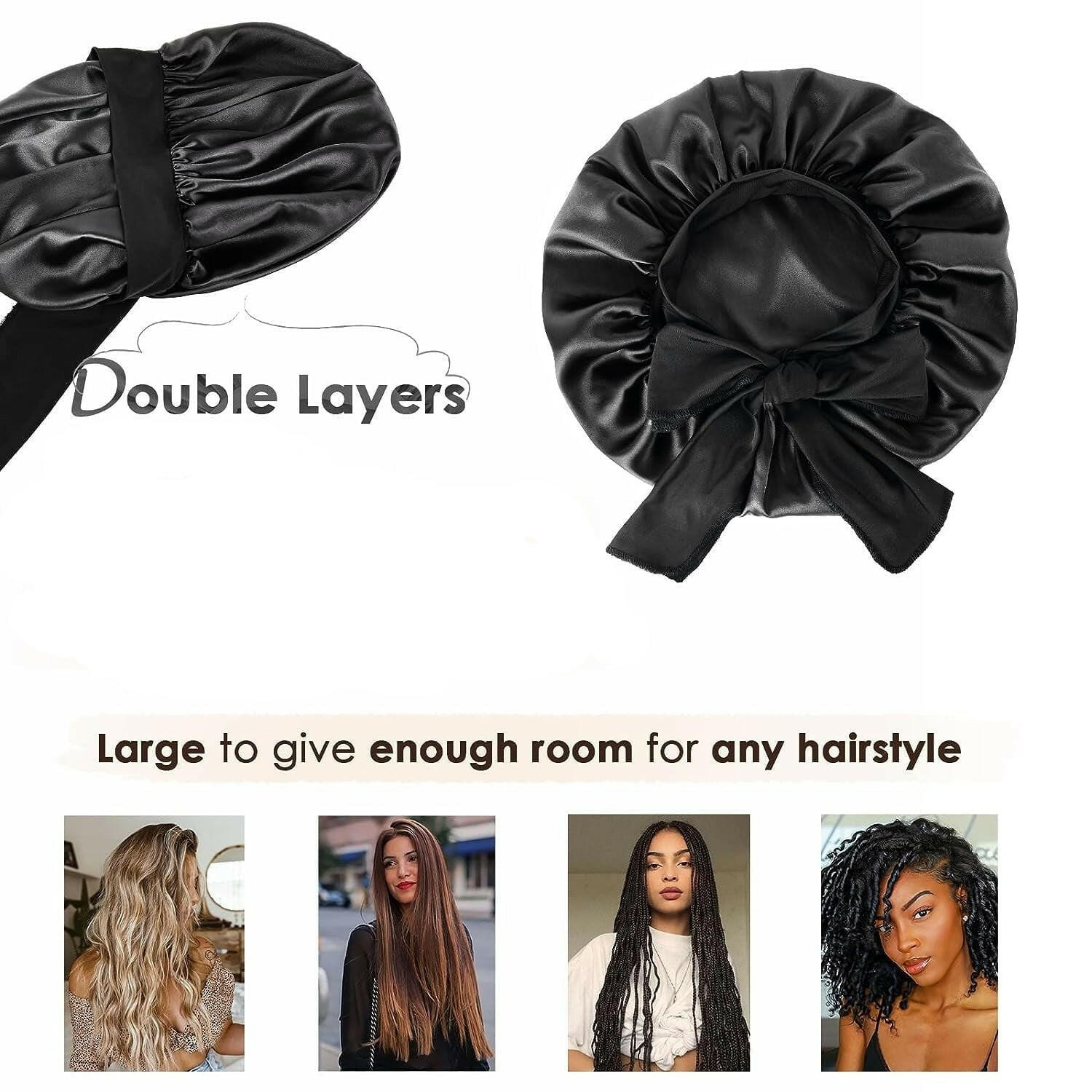 Double Layer Satin Bonnet with Tie Band | Black.