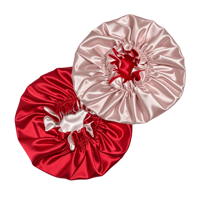 Red Ruffled Satin Bonnet with Pink Lining