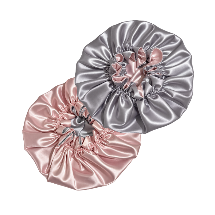 Blush Pink Ruffled Satin Bonnet with Silver Lining
