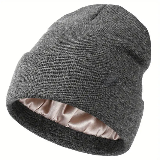 GREY | Satin-Lined Knit Beanie Hat