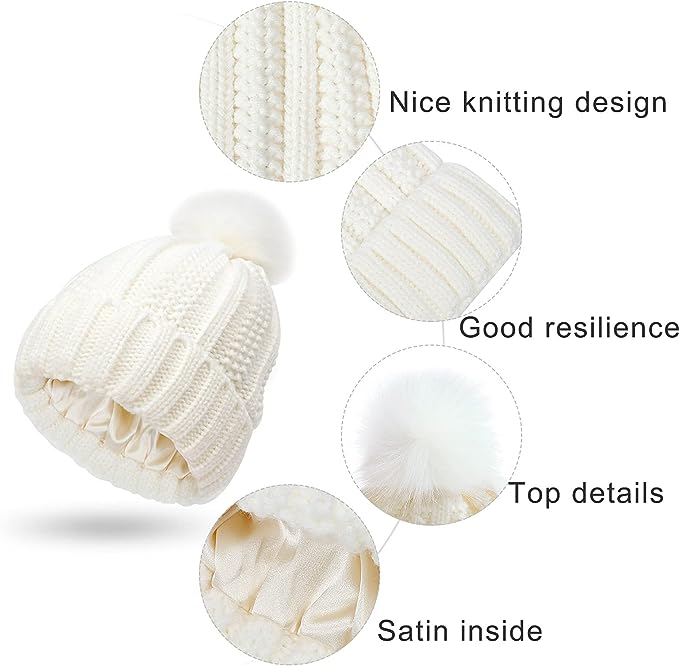 WHITE | Knit Beanie with Satin Lining and Pom Pom
