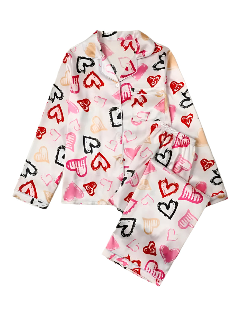 Multi-Color Heart Print Satin Pajama Set