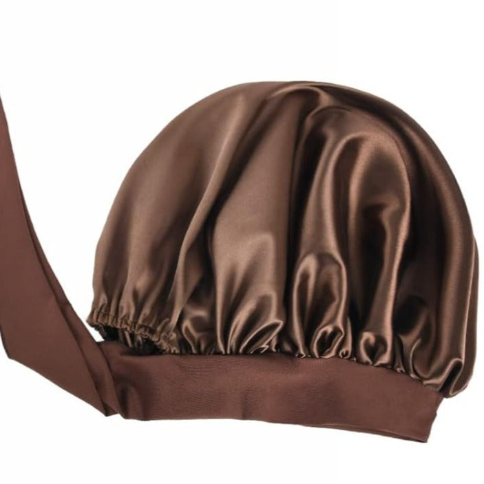 Double Layer Satin Bonnet with Tie Band | Brown