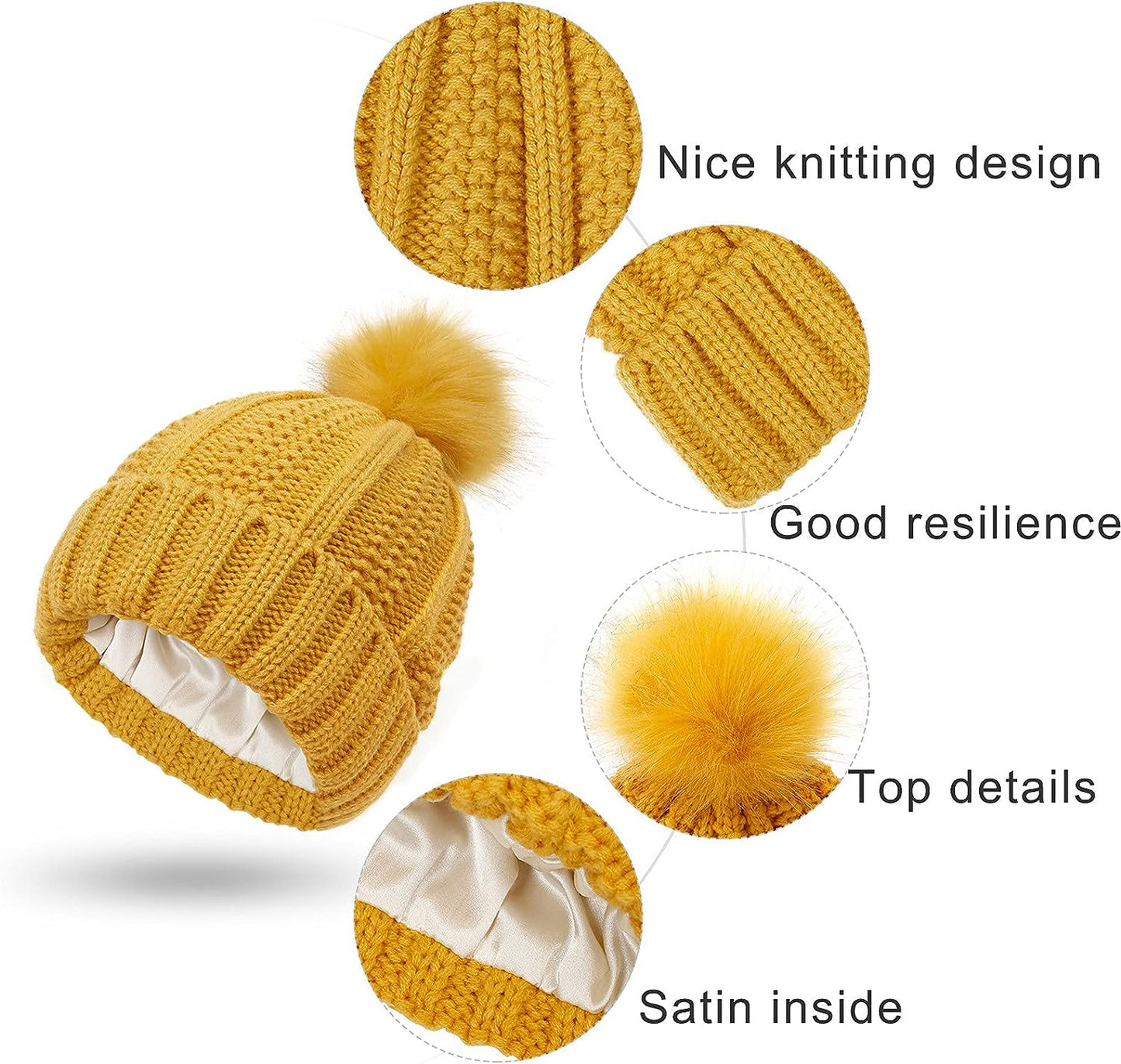 Knit Beanie w/ Pom Pom - Satin-Lined (Multiple Colors)