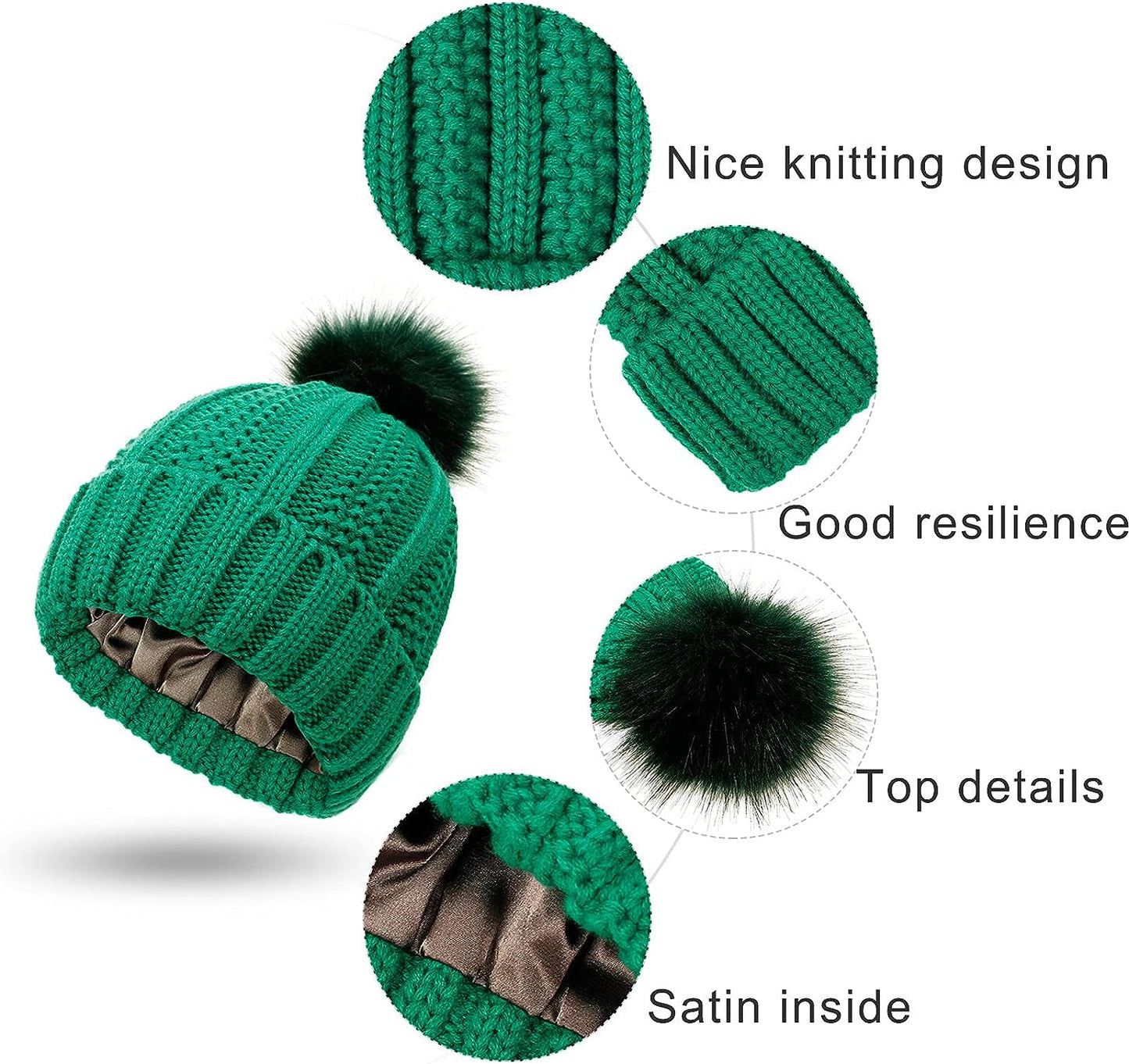GREEN | Knit Beanie with Satin Lining and Pom Pom