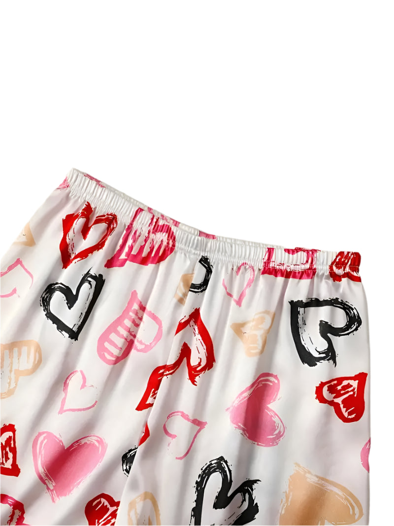 Multi-Color Heart Print Satin Pajama Set