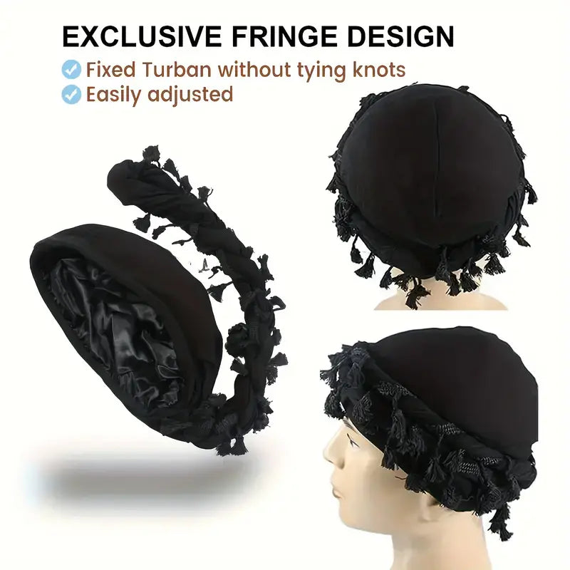 Satin-Lined Fringe Halo Turban - NuAira