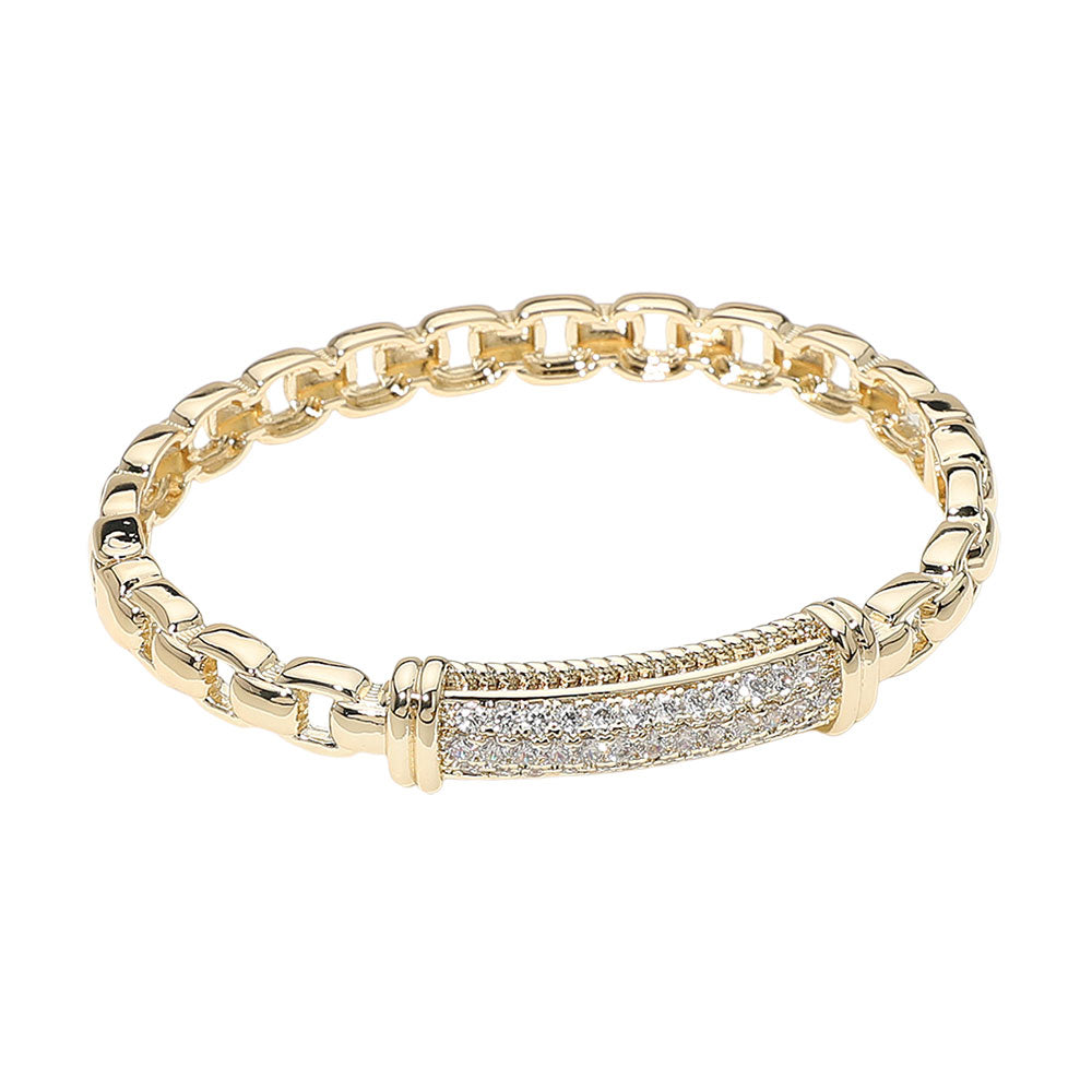 14K Gold Plated Cz Stone Paved Bar Link Hinged Bangle Bracelet