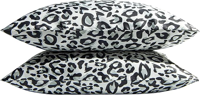 Juego de fundas de almohada de satén con estampado de leopardo en blanco y negro