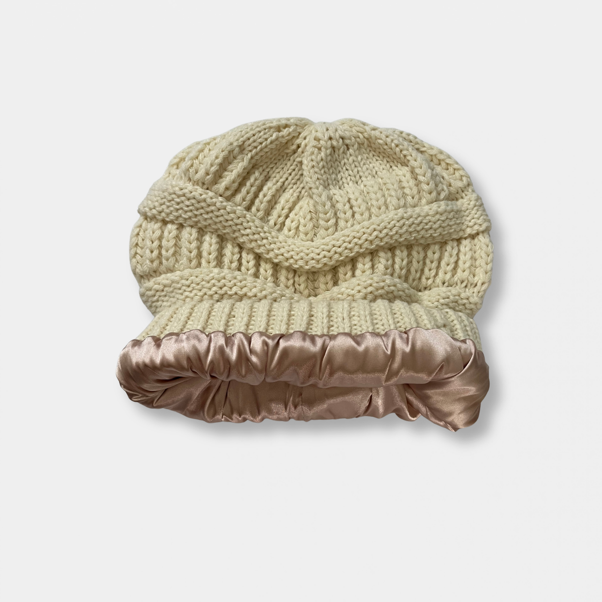 Beige Satin Lined Knit Slouch Beanie