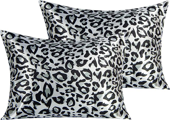 Juego de fundas de almohada de satén con estampado de leopardo en blanco y negro