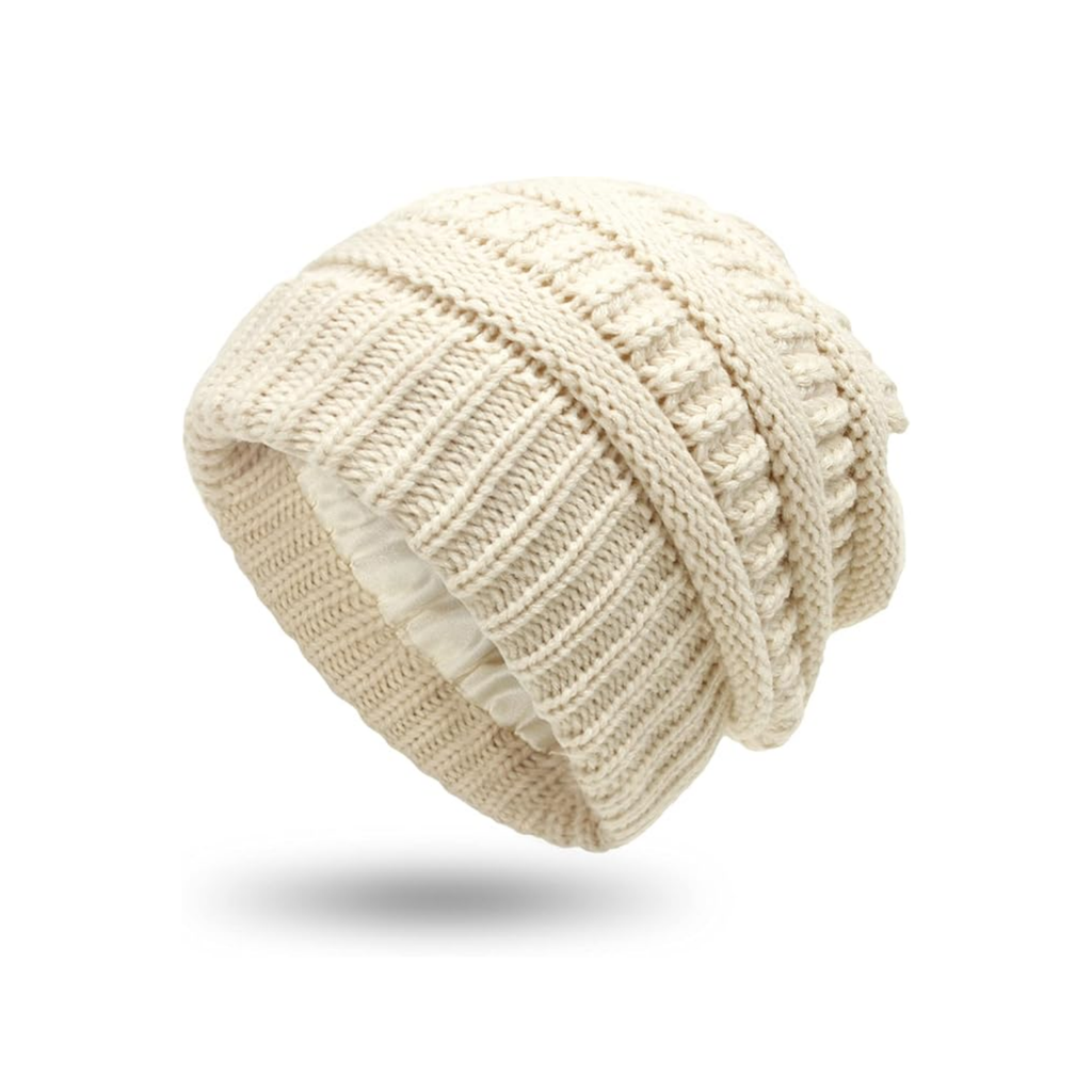 Beige Satin Lined Knit Slouch Beanie
