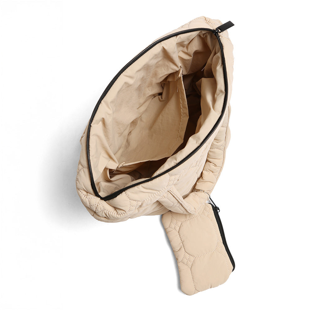 Beige Quilted padded Tote bag Opened. Empty inside. Matching zipper pouch.