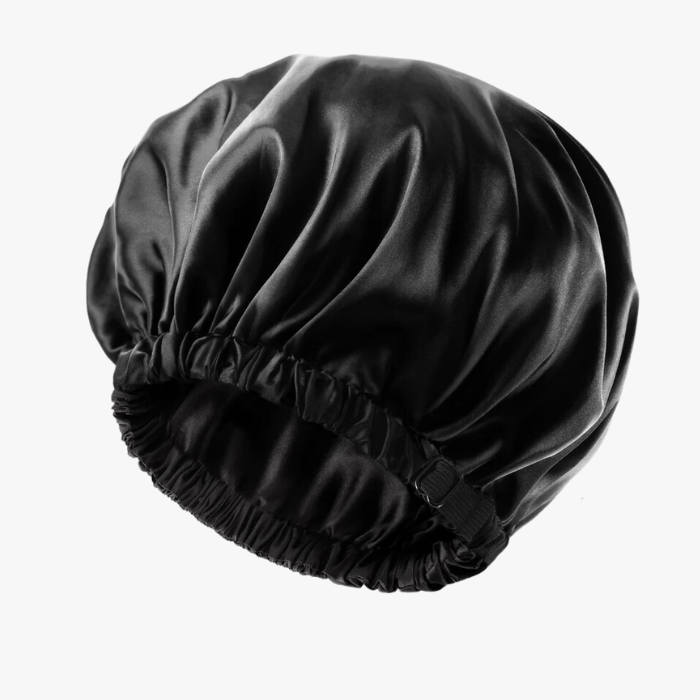 Black Satin Bonnet with Adjustable Band.