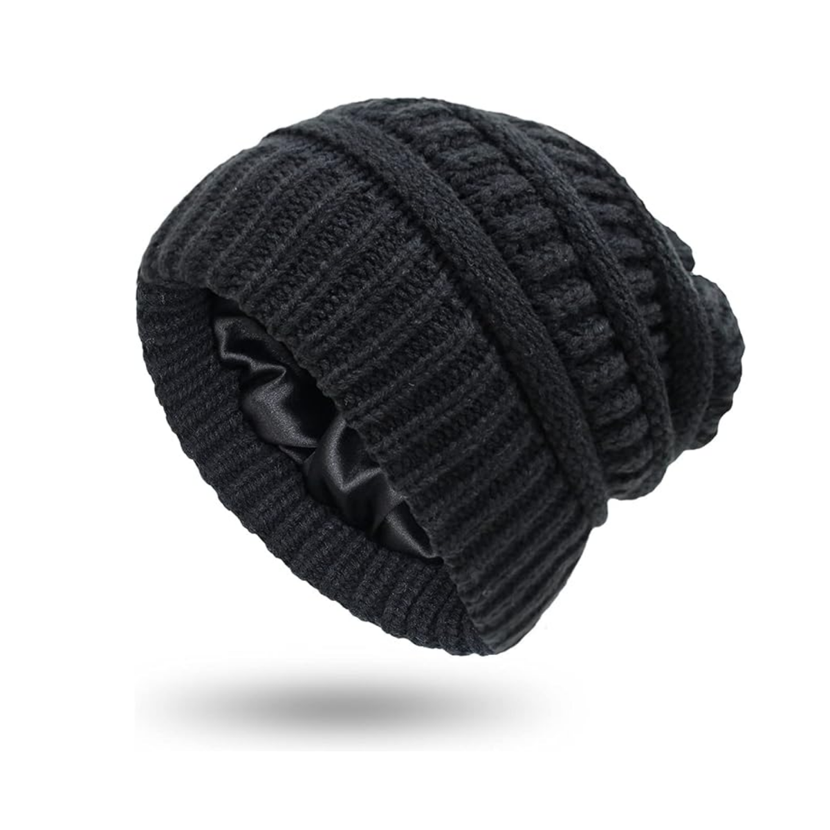 Black Satin Lined Knit Slouch Beanie