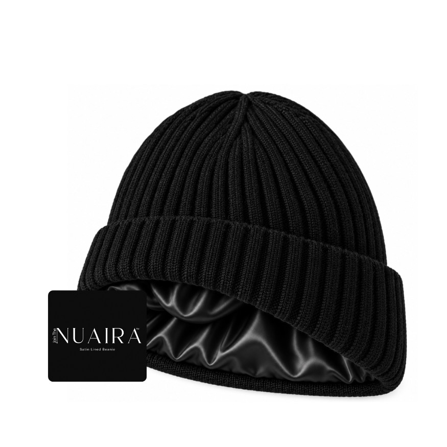 A black ribbed knit beanie hat with a matching satin inner lining classic cuff wool-like feel by NUAIRA 