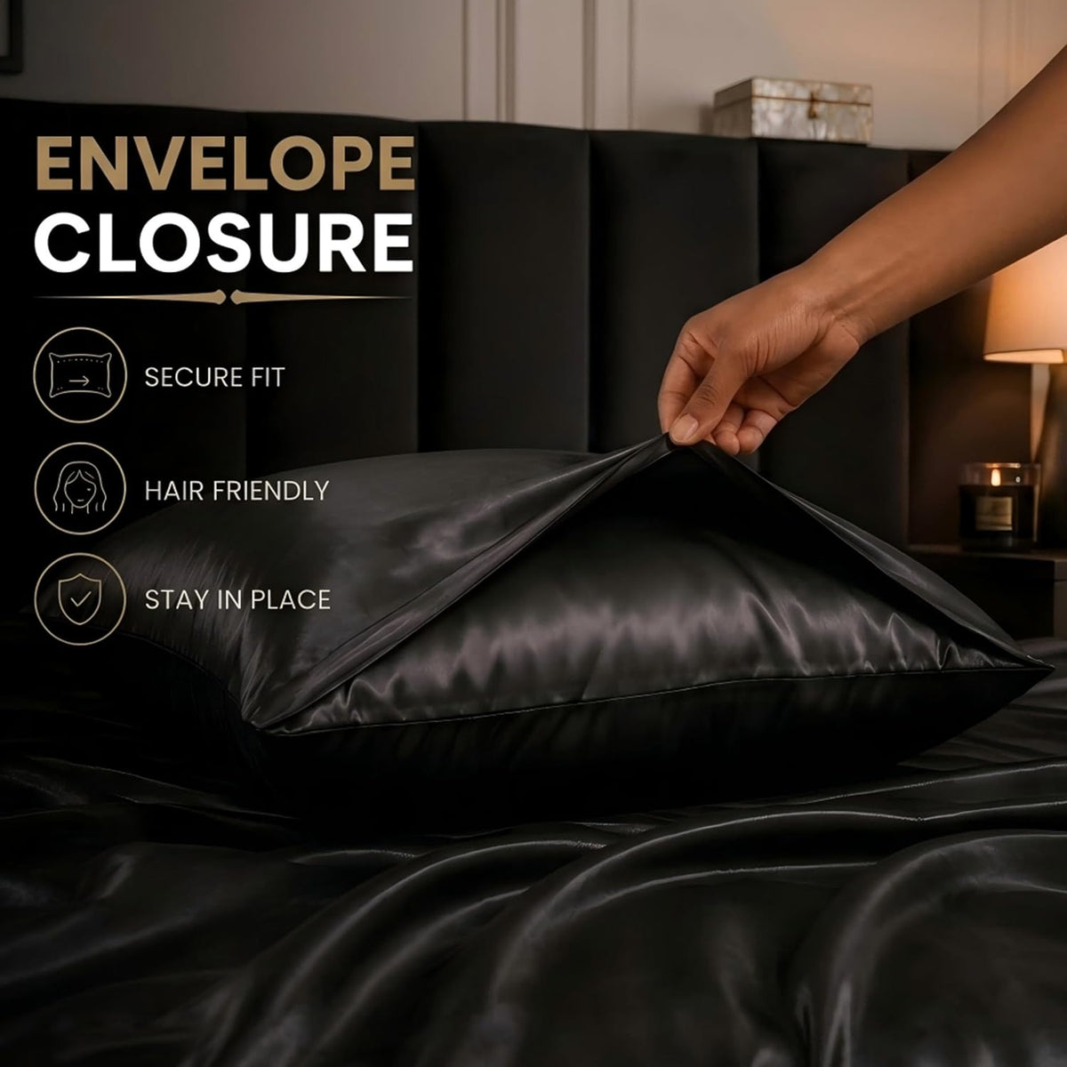 A close-up of a hand lifting a black satin pillowcase to demonstrate its envelope closure feature on a bed with matching black bedding. The left side of the image features text overlays explaining the benefits of the envelope closure: secure fit, hair friendly, and stay in place.