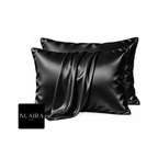 Two black satin pillowcases with a glossy, draped finish, by 'NUAIRA'