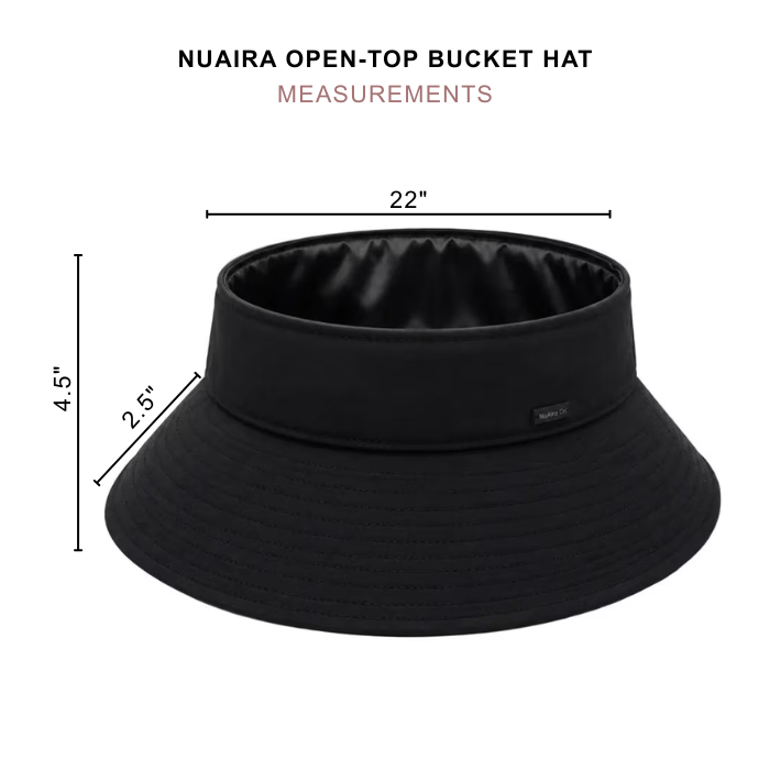 Black open-top bucket hat with dimension lines showing measurements of 22 inches width, 4.5 inches height, and 2.