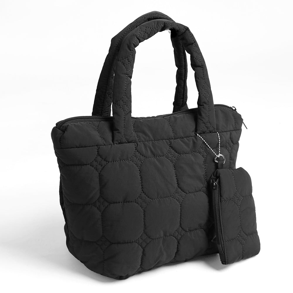 A Black Quilted Padded Hand Bag with matching pouch and zipper closure.