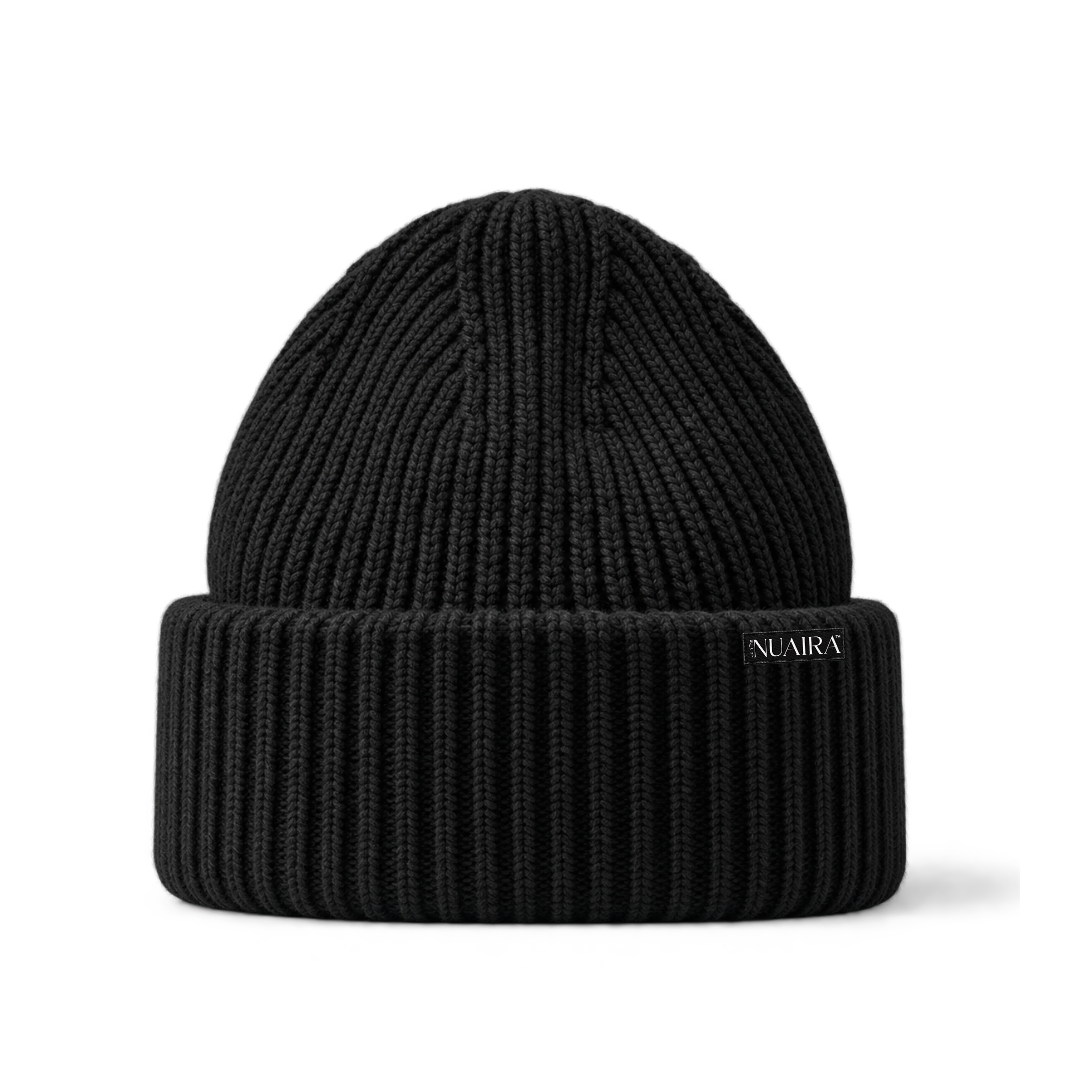 black ribbed knit beanie hat with a shiny black satin inner lining, shown on a white background with a black NUAIRA brand tag in the lower left corner.
