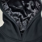 The Ultimate Black Satin Lined Hoodie, Up close of hood. Oversized by NuAira. Premium cotton and silky satin lined hoodie. Great for all seasons. Stay warm. Stay Protected.