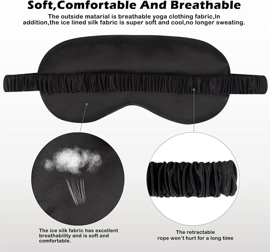 Black sleep mask with text on its features and benefits