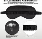 Black sleep mask with text on its features and benefits