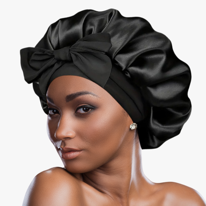 Double Layer Satin Bonnet with Tie Band | Black.