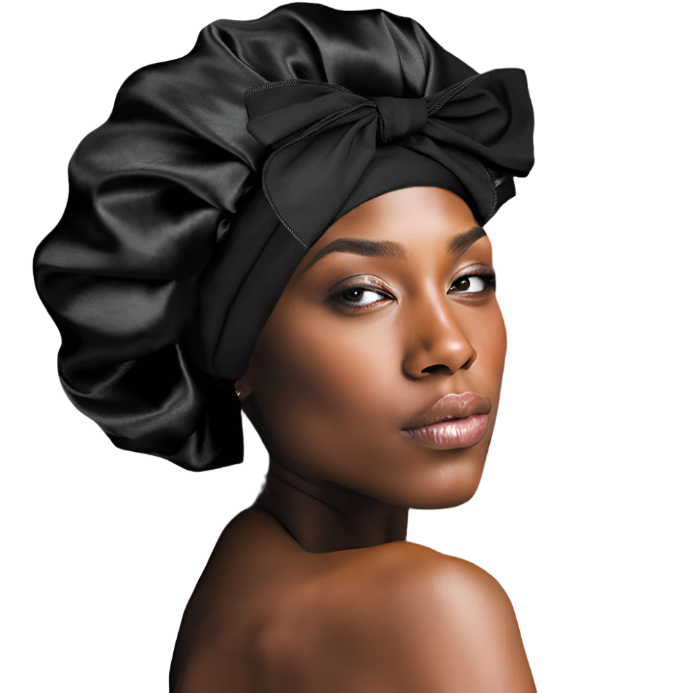 NuAira Black Double Layer Satin Tie Band Hair Bonnet