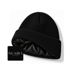 Black silky satin lined knit beanie for Adults and Kids by NuAira & Co